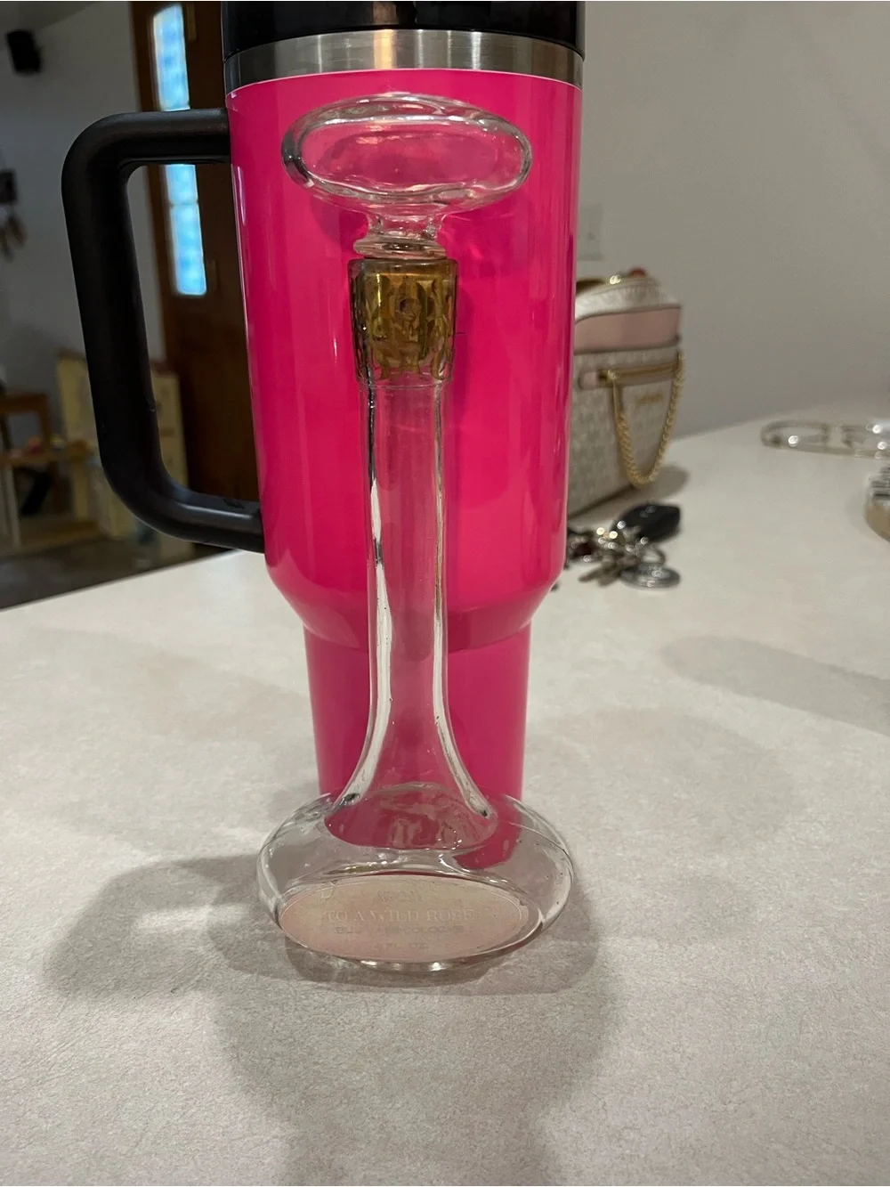 Avon Clear Glass Bud Vase with Pink Label and Multicolor Accent
